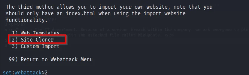 The SET Website Attack Vectors menu highlights Site Cloner for importing a website.