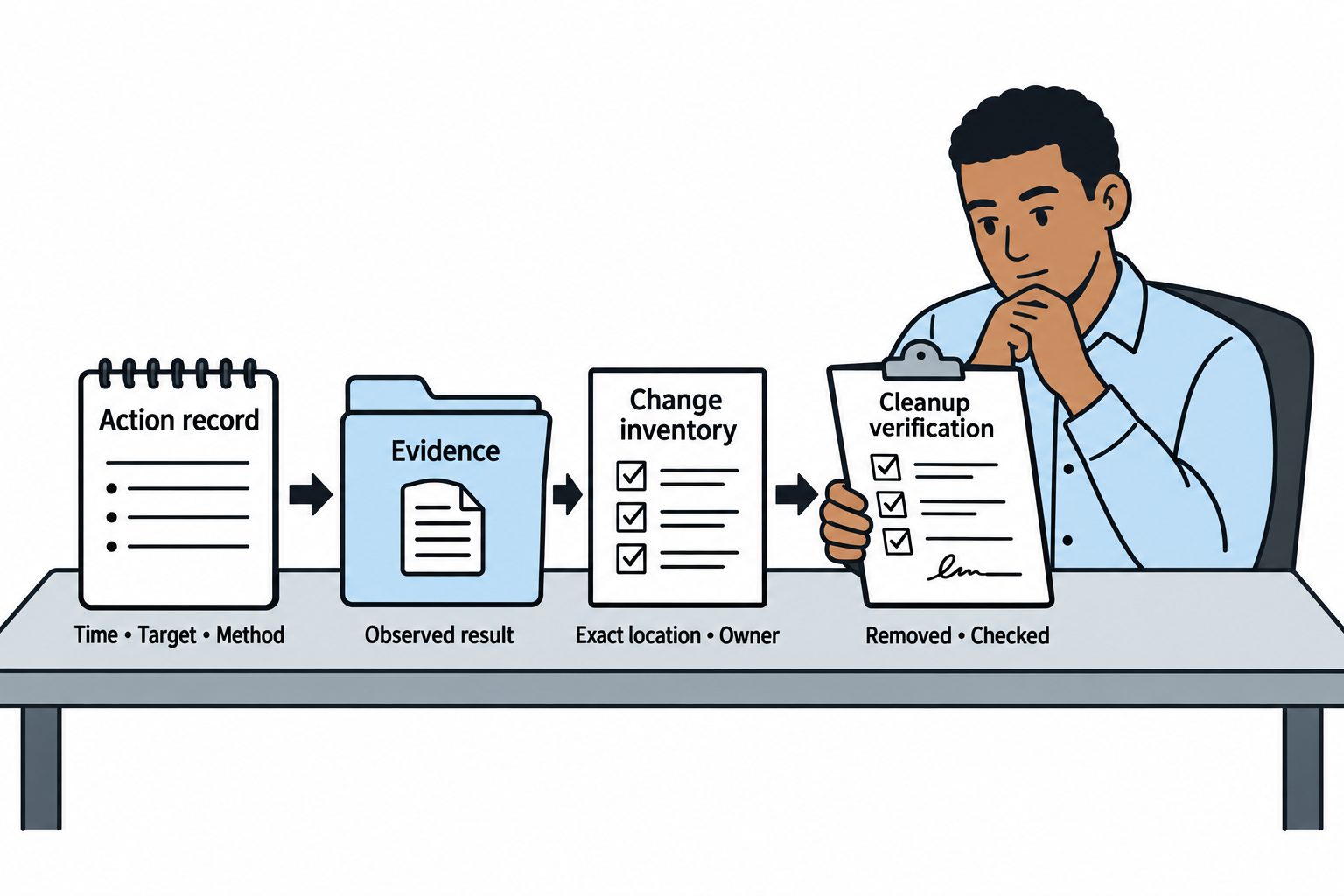 Action records and evidence feed a change inventory whose entries receive cleanup verification.