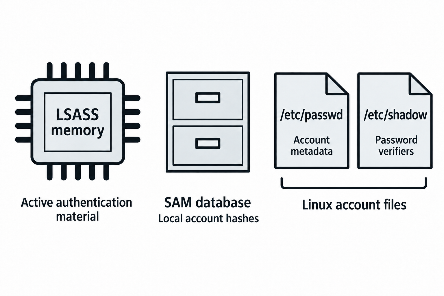 LSASS memory, the SAM database, and Linux account files hold different kinds of authentication or account information.
