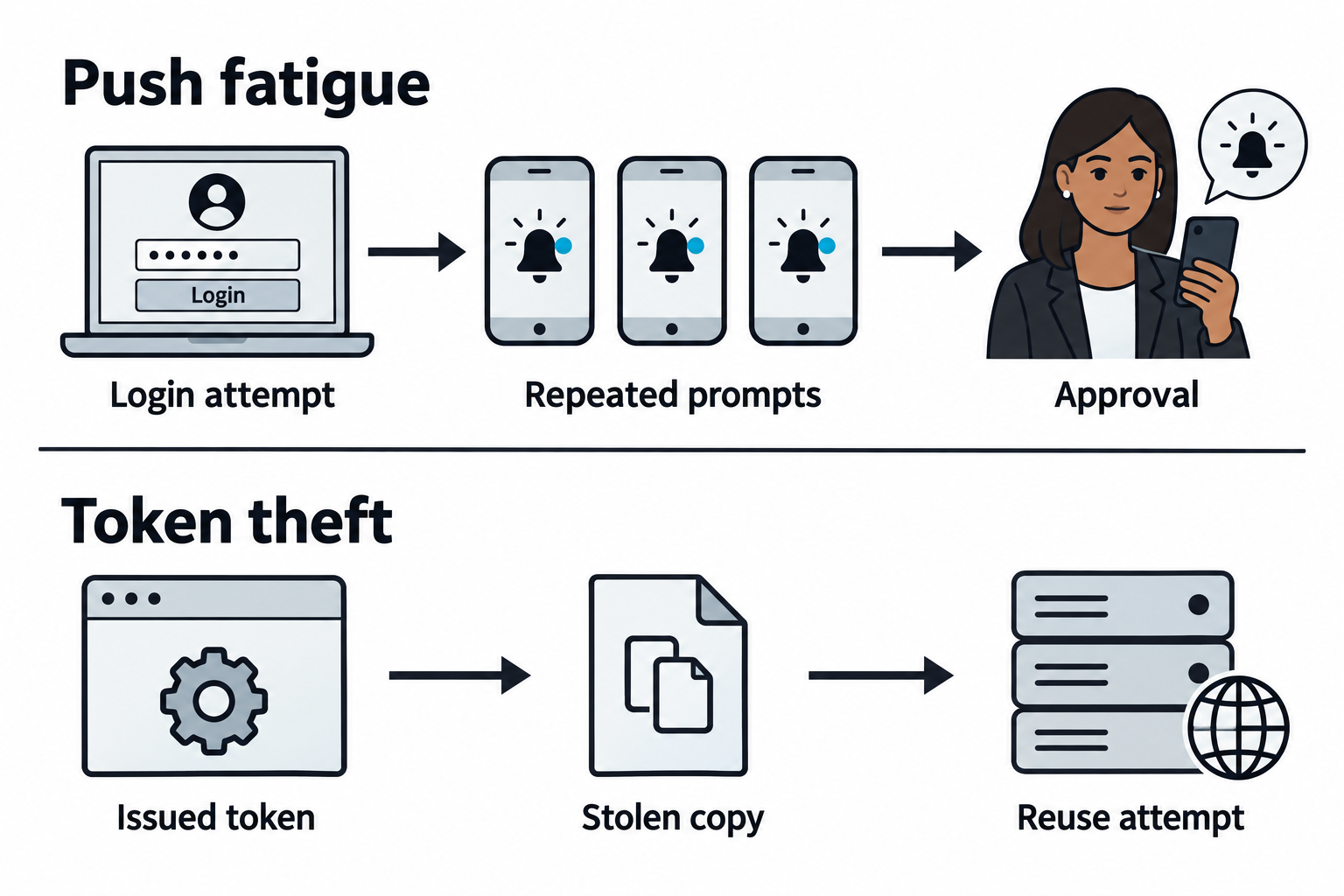 Push fatigue pressures a person to approve a sign-in. Token theft reuses a credential already issued for a session or resource.