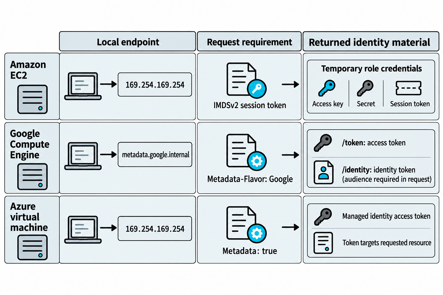 Amazon EC2 returns temporary role credentials, Google metadata offers separate access-token and identity-token endpoints, and Azure metadata can return a managed-identity access token for a requested resource.