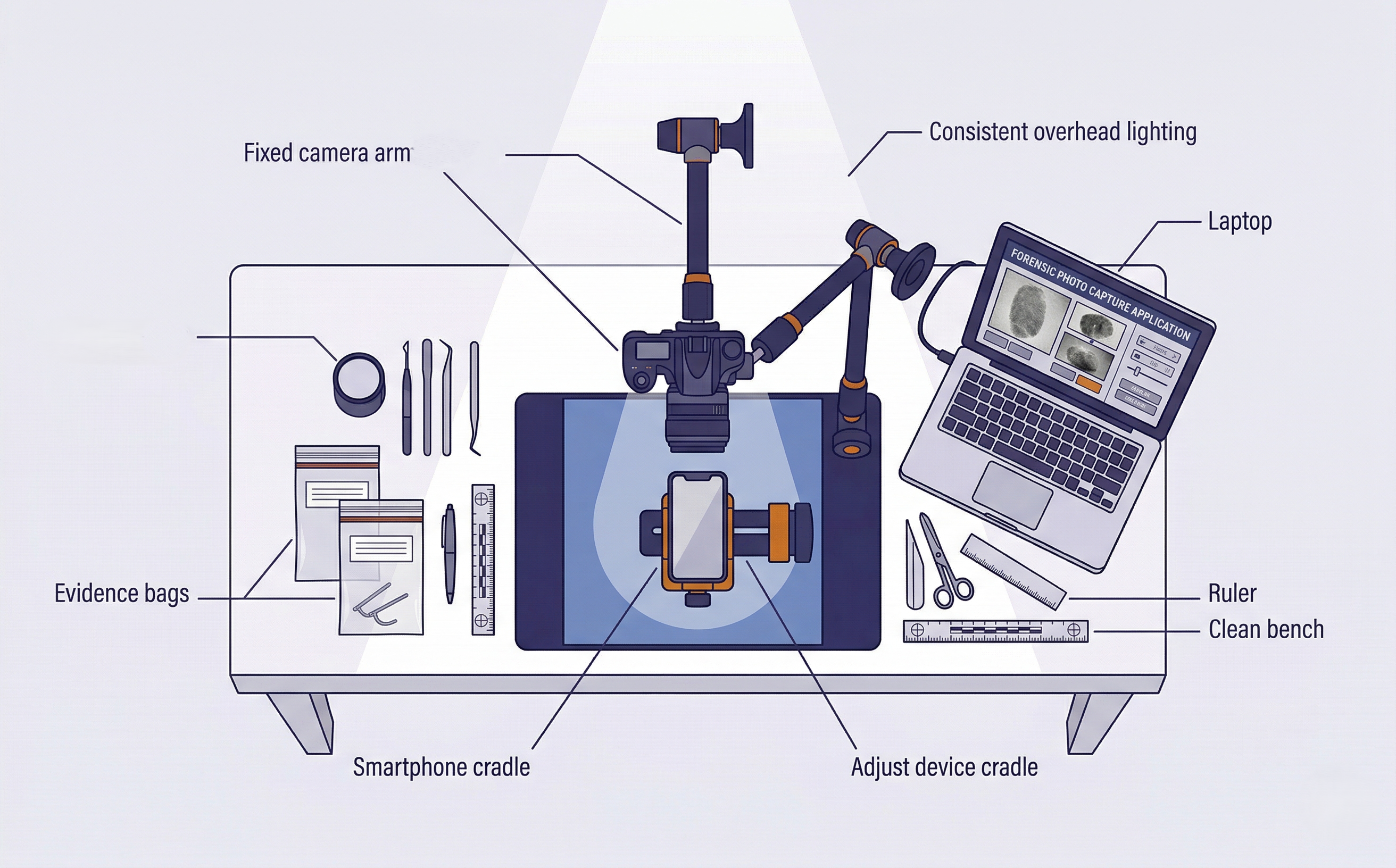 Top-down diagram of a professional mobile forensic manual examination workspace showing a Fernico ZRT3 mounting system with fixed camera arm, device cradle holding a smartphone, consistent overhead lighting, and a laptop for photo capture, with each component labeled.