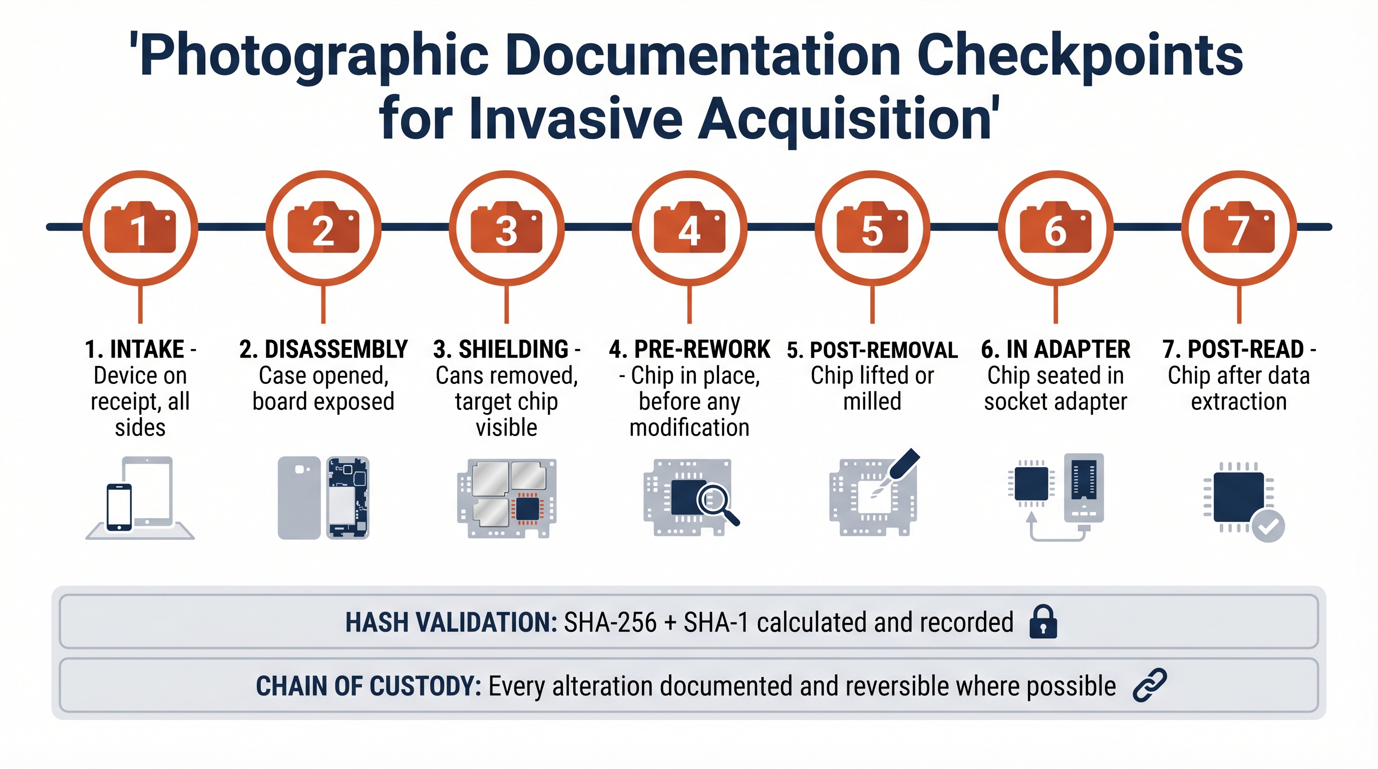Horizontal timeline diagram titled Photographic Documentation Checkpoints for Invasive Acquisition showing seven evenly spaced numbered camera-icon checkpoints connected by a horizontal line. Each checkpoint has a number and a short caption beneath it. The seven checkpoints in order are: 1. Intake - Device on receipt, all sides; 2. Disassembly - Case opened, board exposed; 3. Shielding - Cans removed, target chip visible; 4. Pre-Rework - Chip in place, before any modification; 5. Post-Removal - Chip lifted or milled; 6. In Adapter - Chip seated in socket adapter; 7. Post-Read - Chip after data extraction. Below each checkpoint is a small flat icon depicting the relevant equipment or component. A lower band has two parallel rows: Hash Validation - SHA-256 plus SHA-1 calculated and recorded; Chain of Custody - Every alteration documented and reversible where possible.