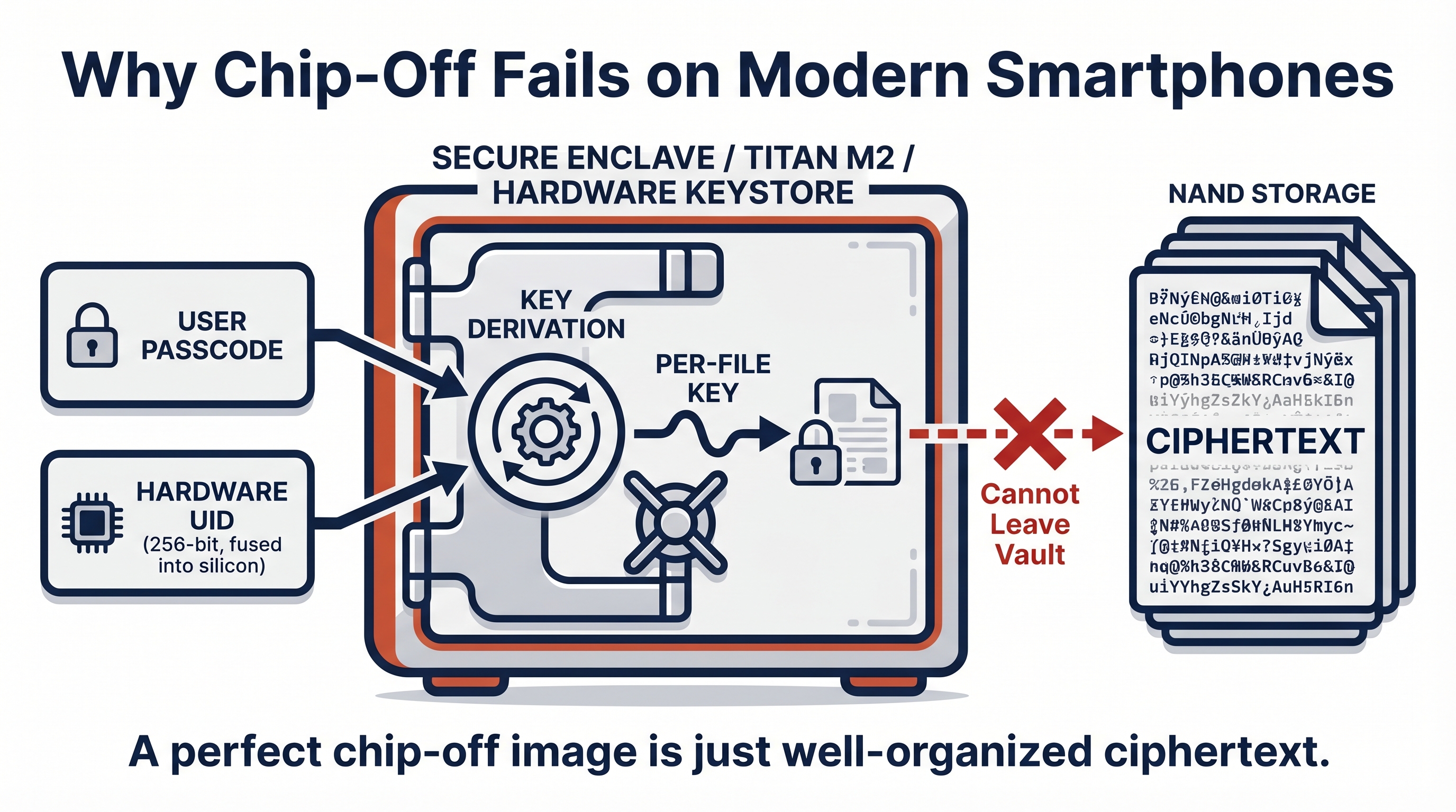 Diagram titled Why Chip-Off Fails on Modern Smartphones showing a key derivation flow inside a hardware-isolated security core. On the left, two stacked input boxes labeled User Passcode (with a lock icon) and Hardware UID 256-bit fused into silicon (with a chip icon). Both feed into a thick-walled vault-style container labeled Secure Enclave, Titan M2, Hardware Keystore. Inside the vault, a circular Key Derivation icon produces a Per-File Key. Outside the vault on the right, a stack of files labeled NAND Storage shows scrambled text characters labeled Ciphertext. A red dashed line with an X icon between the vault and the storage shows that the file key cannot leave the vault. Below the diagram, a caption in dark navy bold reads: A perfect chip-off image is just well-organized ciphertext.